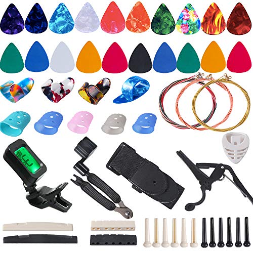 Guitar Accessories Kit Include Guitar Strings, Guitar Picks,Guitar Bridge Nut & SaddleBridge Pins, Tuner, CapoStrapPick Holder, Restring ToolFinger ProtectorFinger Guitar Picks