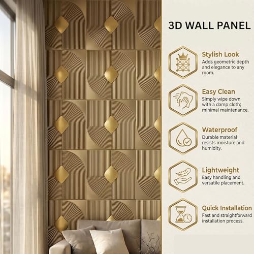 Image of Kayra Decor 3D PVC Wall Panels with Acrylic Finish for Bedroom & Living Room, Curve Line Design Champagne Gold, 19.7 x 19.7 Inch, Pack of 18 (42.48 Sq Ft)