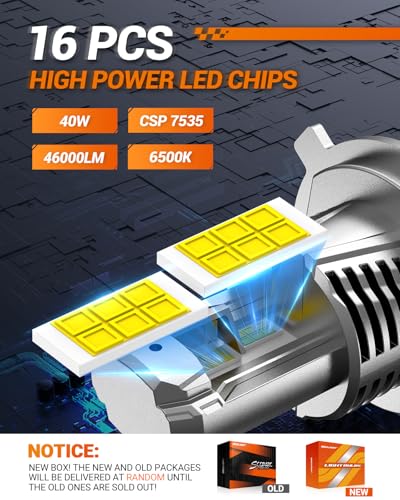 Image of SEALIGHT H4 /9003 LED Light Bulb, 1:1 Real Size, 900% Brighter than Origin, 46,000LM Super Output, 6500K Cool White with 25000RPM Fan, 3Mins Plug and Play, Pack of 2