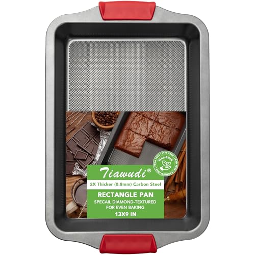 Tiawudi 13" x 9" Cake Pan, 0.8mm Thick Heavy Duty Baking Dish with Diamond Texture Pattern for Even Heating, Nonstick Baking Pan for Bread, Brownie or Lasagna, Cake Mold with Silicone Grip Handles