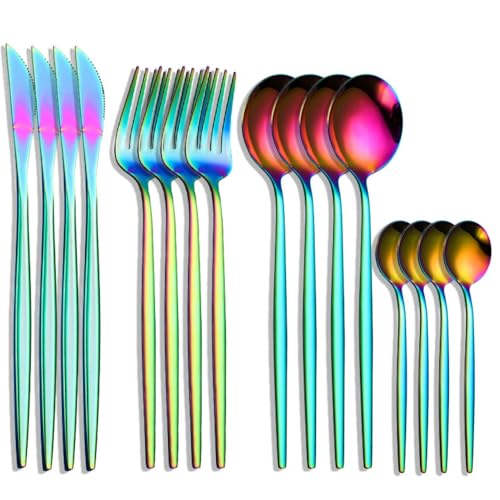 Image of 16 pcs Flatware Set,Rainbow Silverware Set for 4, Knife Fork Spoon, Stainless Steel Home Dinnerware Tableware,Mixed Cutlery Set Eating Utensils for Restaurants (16 Pcs Rainbow)