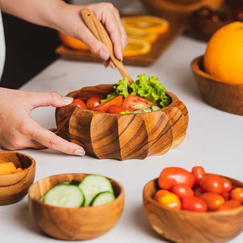 Rainforest Bowls Set Of 2 7" Large Fluted Javanese Teak Wood Bowls- Perfect For Everyday Use, Hot & Cold Friendly, Ultra-Durable- Exclusive Luxury Wooden Bowl Design Handcrafted By Indonesian Artisans #TOP2