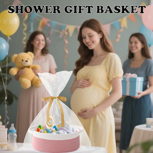 Image of Woven Rope Basket - Baby Gift Basket with Bag & Ribbon, White&Pink