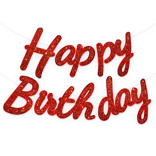 Image of Rozi Decoration Red Glitter Cursive Happy Birthday Banner -Sparkle Letter Garland for Birthday Decoration, Reusable Paper Cardstock Hanging Banner for Kids, Adults, Boys & Girls, (Pack of 1 Set)