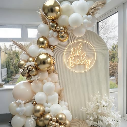 PUFFLD White and Gold Balloon Garland Arch Kit Beige Nude Sand White Balloon Champagne Gold Latex Balloons for Boho Birthday Wedding Baby Bridal Shower Engagement Party Decorations
