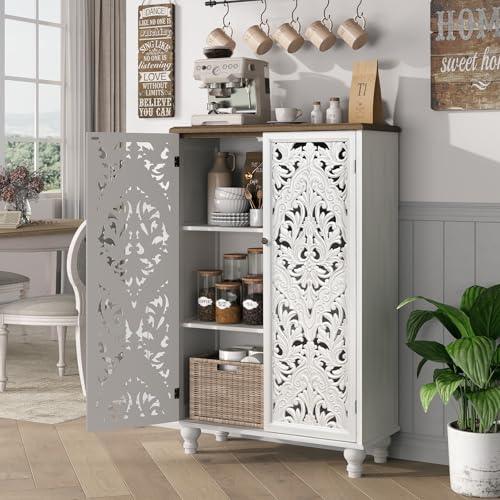 Image of Accent Cabinet with Doors, 47 inch Tall Buffet Cabinet with Solid Wood Legs, Freestanding Sideboard for Living Room, Entryway, Dining Room, Bedroom, White