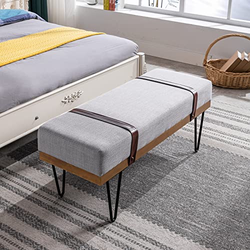Duomay Industrial Modern Linen Rectangle Ottoman Bench With Pu Strap And Metal Legs, Mid Century Dining Table Bench Footstool Entryway Shoe Bench For Bedroom Dining Room Living Room, Grey #TOP2