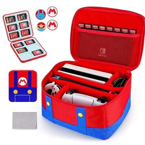 Carry Case for Nintendo Switch/OLED/Lite, for Super Mario Portable Soft Shell Waterproof Protective Travel Carrying Accessories Storage Bag with Cute Game Card Case, 4 Thumb Grip Caps