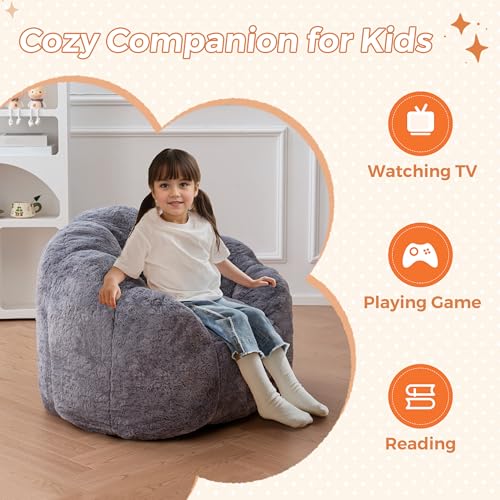 Image of MAXYOYO Kids Bean Bag Chair, Floral Shaped Bean Bag Sofa, Plush Faux Fur Toddler Couch with Petal Backrest for Boys Girls, Stuffed Cozy Sofa for Nursery, Bedroom, Grey