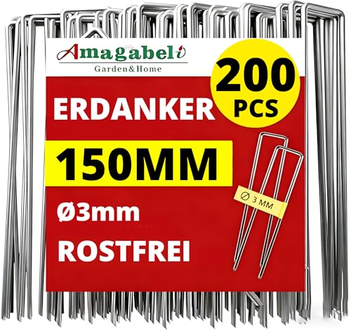 Amagabeli Anti-Rost Erdanker Aus Gehärtetem Stahl Gartenheftklammern Bodenanker für Unkrautvlies Gartenvlies Zaun (200 Stück X 150mm) – Ansicht 1