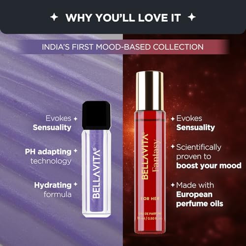 Image of BELLAVITA Mood Enhancing Seduction Lip Gloss and Perfume Combo pack | Gift set | Mood Duos Perfume 15ml & Mood Matching pH Adapting Lip Gloss 4ml | Hydrating and Glossy Finish