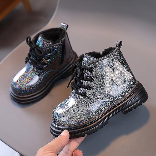Toddler Winter Boots Little Girls Sparkling Fleece Lined Outdoor Shoes Lace Up Zipper Pearl Glitter Ankle Boot Shoes3