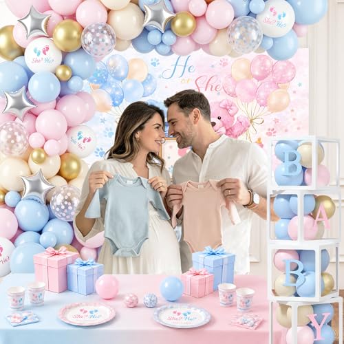 Mkwnua Bear Gender Reveal Party Decorations - 136 Pcs Balloon Arch Kit with Baby Display Boxes, Letters & Backdrop for Baby Shower Boy or Girl Party (Blue-Pink) by Mkwnua - Used condition - Image 3