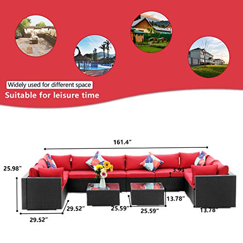Wonlink 12 Pieces Patio Furniture Set, Sectional Outdoor Furniture Conversation Sets, All Weather PE Rattan Wicker Sofa Sets with Tea Table and Cushions (12pcs, Wine Red)