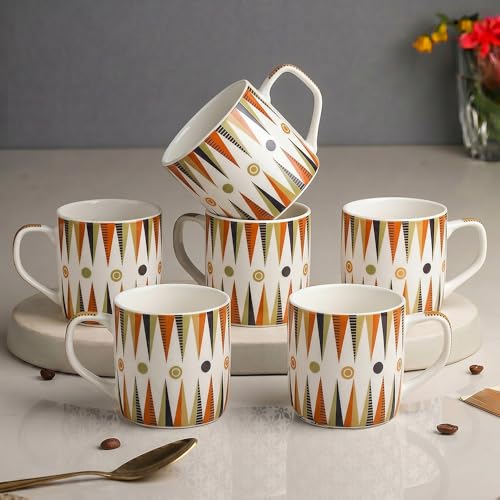 Image of UPC Coffee Mug Set of 6 | White Retro Geometric Triangle Print | Orange Olive & Charcoal Boho Pattern | Bone China Tea & Coffee Cups | Microwave Safe | Home & Kitchen