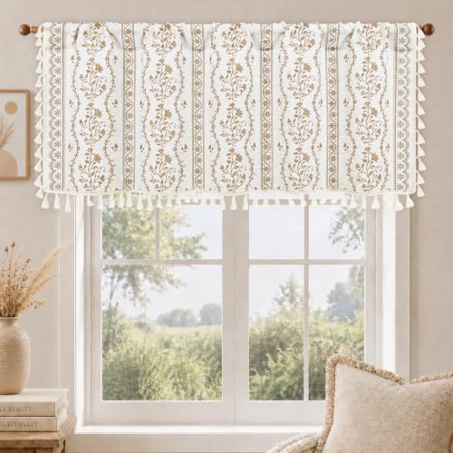 Image of Yinhua Boho Valance Curtains Vintage Linen Kitchen Valances for Windows Light Filtering Bohemian Floral Valance Rod Pocket Tassel Window Valances for Bathroom Cafe, 52 inch W X 18 inch L, White Beige