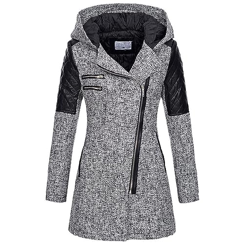 Women Wool Pea Coat Long Sleeve Hooded Long Winter Warm Thick Leather Jackets Zip Up Trench Outerwears Pockets
