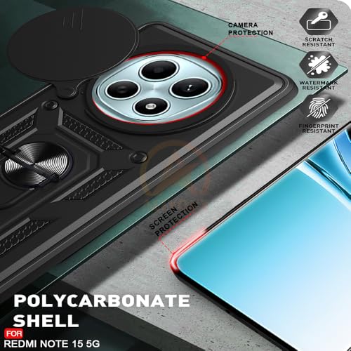 Image of Armor Bumper Back Cover Case for Redmi Note 15 5G / Poco M8 5G Rotating Camera Cover, Ring Holder & Kickstand | Heavy Duty & 360 Degree Protection Back Cover (Black)