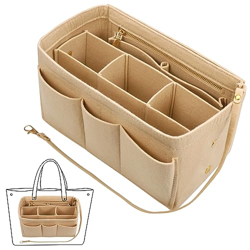 Fentar Tote Bag Organiser Insert Felt Handbag Organiser Insert with Multiple Compartments and Zips Tote Bag Insert Sturdy Bag Organiser with Key Chain for Tote Bag (M Beige)