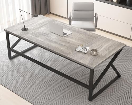 Image of HSH 70 Inch Long Grey Desk, Large Home Office Computer Desk for 2 People, Industrial Wood and Metal Executive Work Writing Study Gaming Desk Table, Modern Bedroom Simple PC Laptop Desk Double Desk