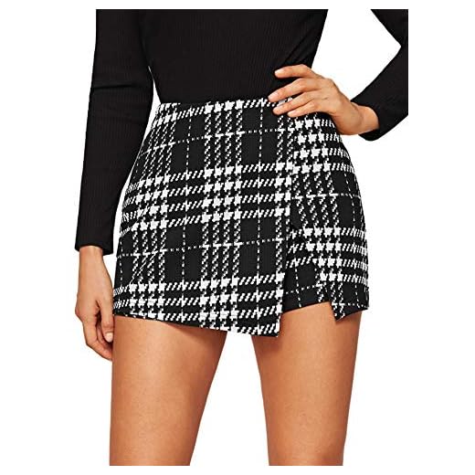 Floerns Women's Plaid Elastic Waist Contrast Mid Waist Asymmetrical Skirt Shorts Black and White-2 L