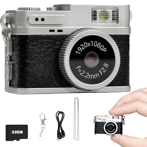 Câmera mini chaveiro, pequeno encaixe retrô, câmera digital minúscula 1080p com cartão de 32 GB, gravador de vídeo de bolso nostalgia vintage, foto de vlogging para estudo de viagem (preto)