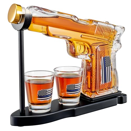 Police Flag Gifts for Men Dad, Father Whiskey Decanter Set - 8 Oz with Two 2 Oz Glasses, American Pistol Gun Anniversary Birthday, Home Bar Gifts, First Responder Present Dispenser, Husband Bar Gift
