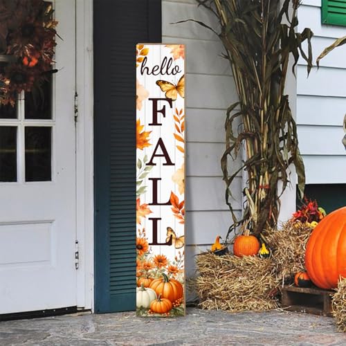 Hello Fall Porch Sign Autumn Pumpkin Maple Leaf Welcome Sign Vertical Standing Sign For Front Porch Decor Farmhouse Hanging Wall Sign for Patio Yard Party Indoor Outdoor Thanksgiving Decoration 47.2