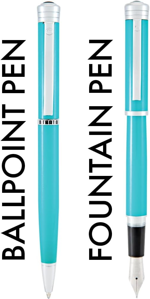Monteverde USA Strata Fountain Pen, Ball Pen Set Turquoise | Broad Nib | Free Gel Refill, Ink Bottle & 3 Free Cartridges