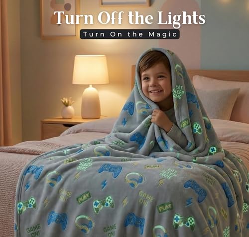 Image of BSB HOME Glow in The Dark Kids Blanket, Soft Flannel Fleece Luminous Blanket for Boys & Girls, Cozy Lightweight Kids Throw for Bed - 42 x 60 in (107 x 152 cm) (Gaming Theme - Slate Grey)