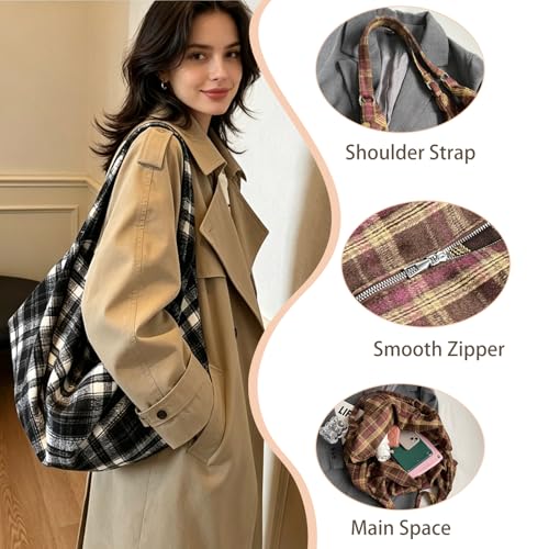 Bolso Hobo Grande de Franela a Cuadros para Mujer miniatura 5