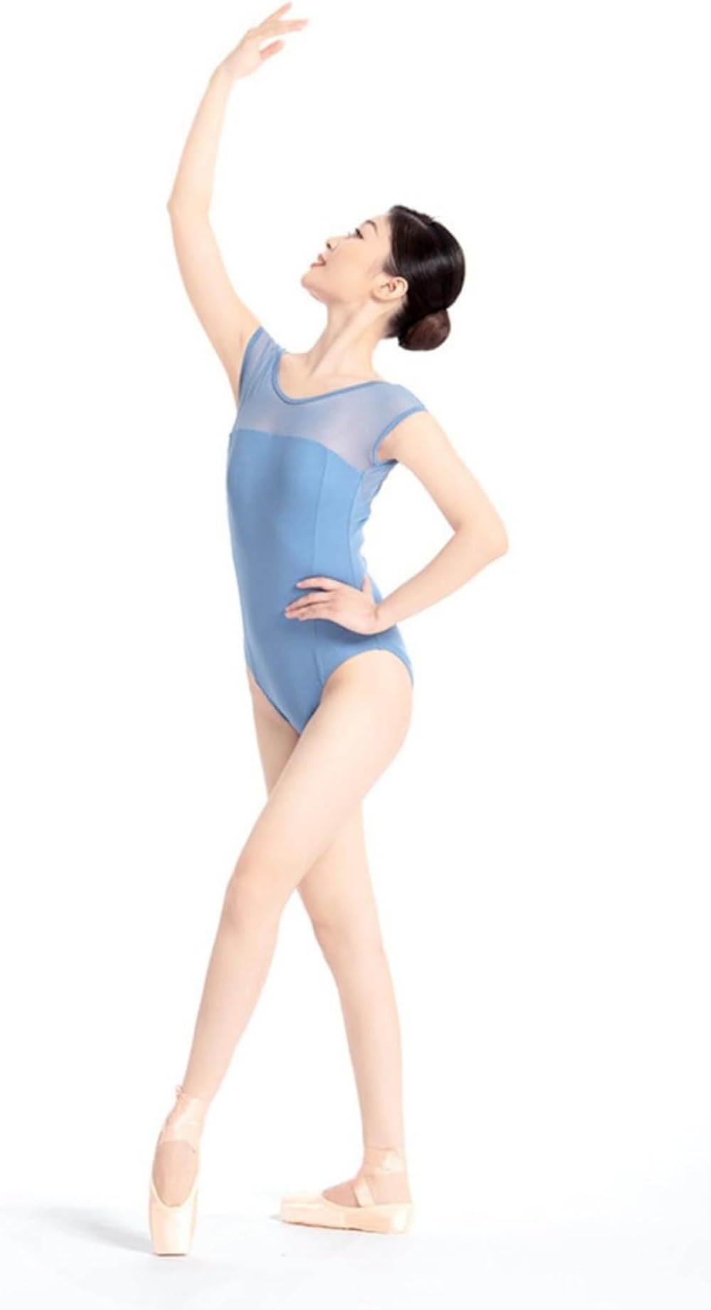 Maillot de ballet para mujer con espalda hueca de malla con cuello en V