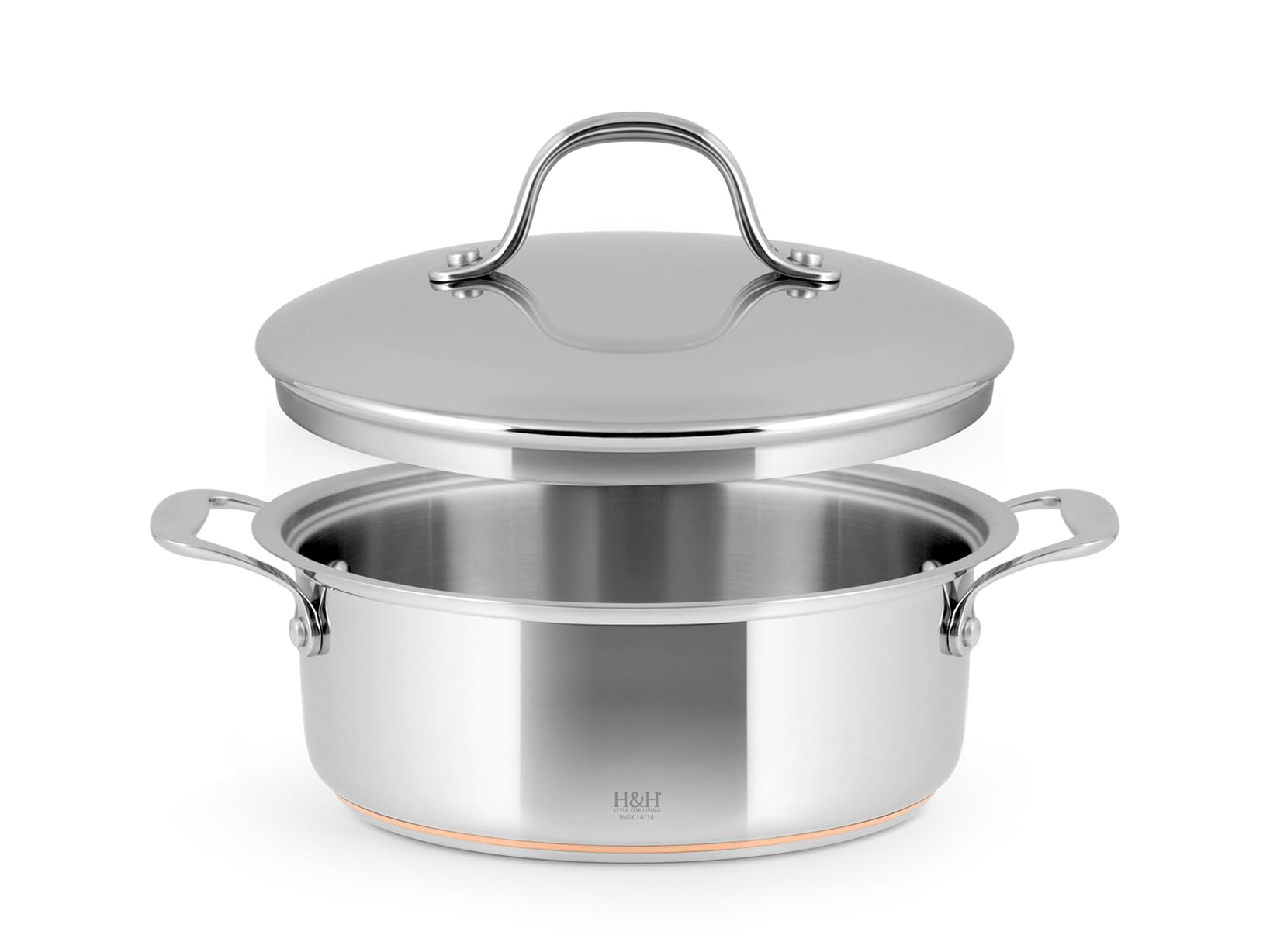 H&H Stainless Steel and Copper 2 Handles 26cm Low Casserole Dish with Lid