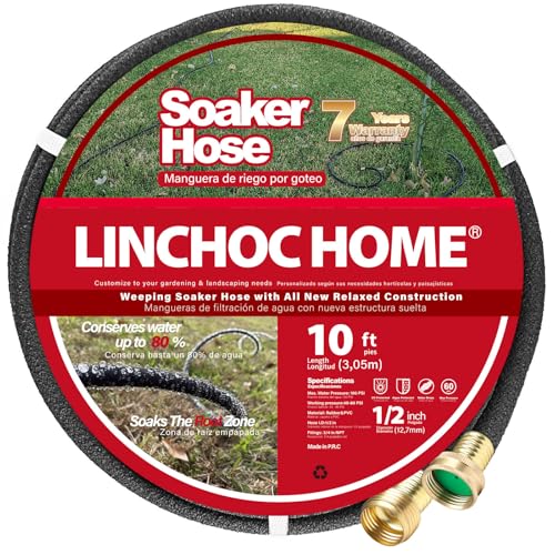 LINCHOC HOME Soaker Hose 10FT 1/2 Inch with Solid Brass Connectors Flexible & Leakproof for Garden Lawn & Landscape Care