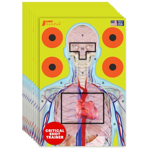 GunZee Anatomical Shooting Targets, 12' x 18' Numbered Paper Targets for Shooting Range, Handgun, Airsoft Pistol, Rifle, BB Gun, Pellet Gun Practice, Tactical & Self-Defense Training, 50-Pack