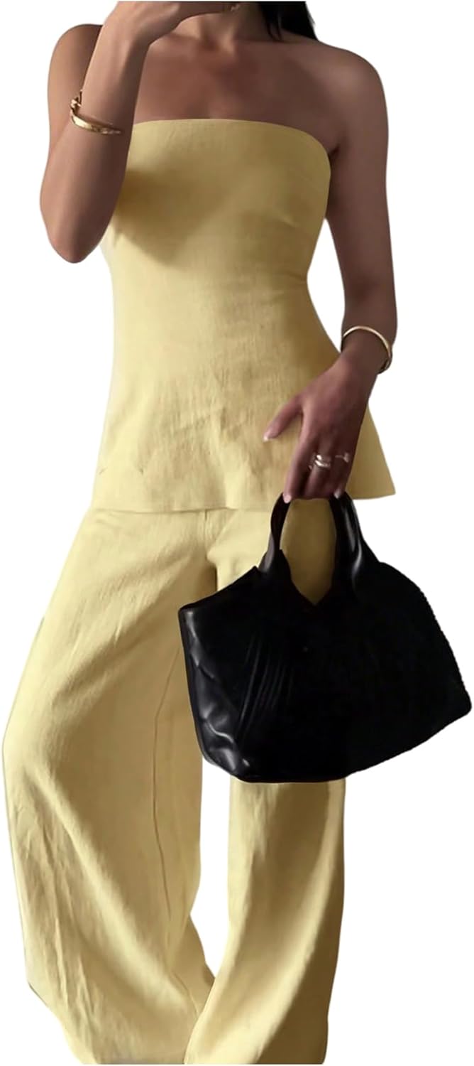 SOLY HUX Women's 2 Piece Outfit Strapless Tube Top and Wide Leg Pants Going Out Set