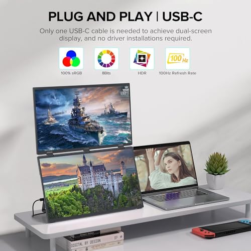 Image of 18.5 inch FHD 1080P Dual Portable Monitor 100% sRGB Laptop Screen Extender, 330 Screen Adjustment & 135 Stand, VESA Mountable, USB-C /HDMI, Travel Monitor for Laptop, Windows