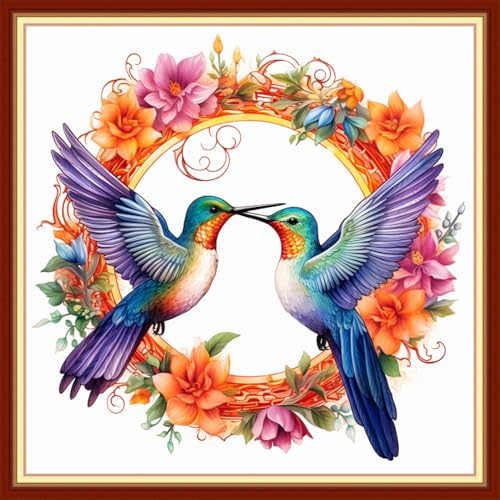 Image of Joyhoor Stamped Cross Stitch Kits for Beginners, Needlepoint Kits for Adults, 11CT Counted Embroidery Kits-Hummingbird Wreath 18x18 inchs