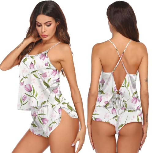 Image of Ekouaer Silk Pajamas Set for Women Satin Backless Lingerie Pjs Cami Top and Shorts Nightwear