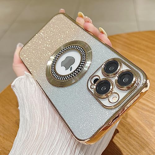 Image of Misscase for iPhone 14 Pro Magnetic Glitter Case Compatible with MagSafe,Full Protection Slim Shockproof Anti-Scratch Case with Camera Lens Protector Logo View Dust-Proof Net for Women Gold
