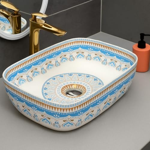 Image of Archstone Wash Basin for Bathroom -1 Year Warranty- Tabletop Washbasin - Ceramic Glossy Rectangle Designer Moroccan Countertop Vessel Sink, Dining Hall & Vanity 33x45x14.5 cm (Sky Gold Moroccan)