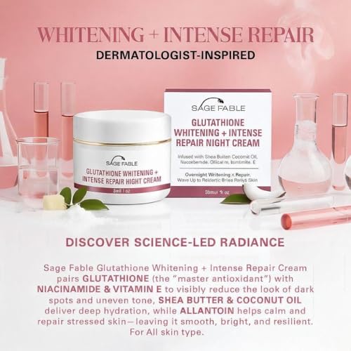 Image of Glutathione Whitening + Intense Repair Night Cream | Overnight Radiance With Niacinamide, Vitamin E, Shea Butter, Allantoin & Coconut Oil | For Men and Women (Pack of 2,30ml)