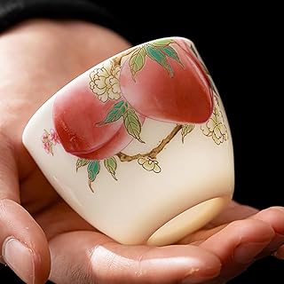 【Chinese Culture Classic Tea Cup Series】Handmade Ceramic Tea Cup Home Master Cup Large Kung Fu Tea Set Single Cup Tea Bowl Cup (Sheep Fat Jade Porcelain Ruyi Cup (Peach))