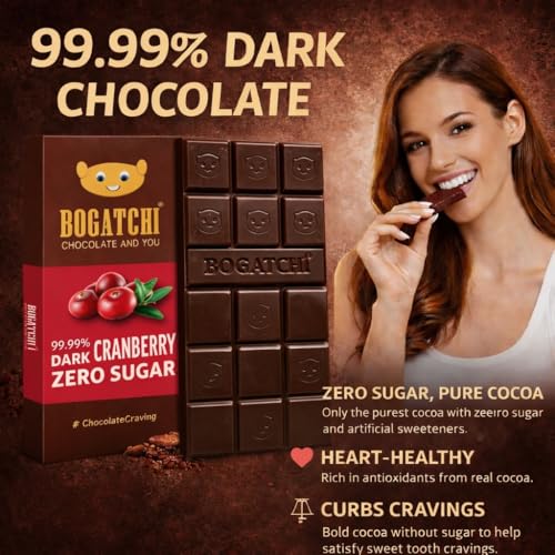 Image of BOGATCHI 99% Dark Handcrafted Chocolate with Cranberries, Real Cocoa Intense Dark Chocolate, 60gm