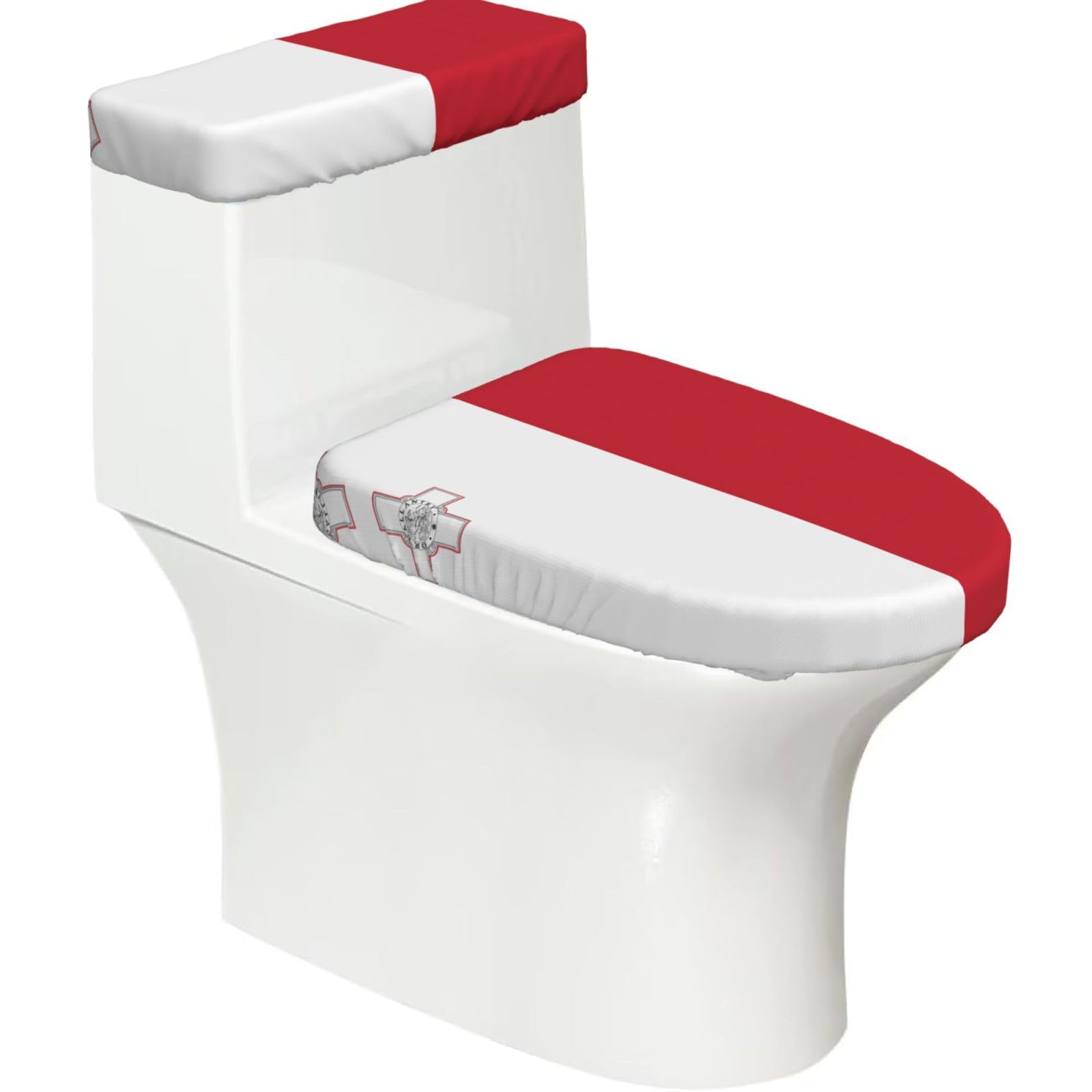 Flag of Malta Elastic Toilet Cover Set of 2-Stretchy Lid and Tank Covers for Bathroom, Soft Washable U Shape Toilet Decor