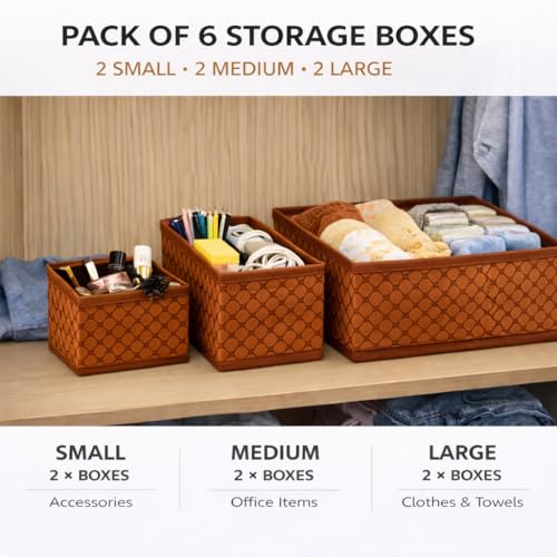 Image of PulGos 6pcs Foldable Drawer Organizer | Closet Storage Bins | Cube Basket Box for Clothes, Wardrobe, Undergarments, Socks & Accessories | Sturdy Fabric Organiser Set for Home & Bedroom