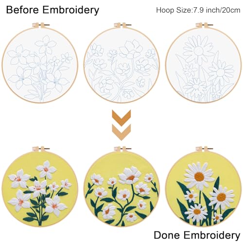 Image of Louise Maelys 3 Pack Floral Embroidery Kit for Beginners with Supplies | Pre-printed Patterns|Hoop| Threads|Instructions|Ideal Cross Stitch Kits for Adults|DIY Needlepoint Kit for Starter Supplies