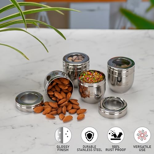 Image of Sumeet Stainless Steel Conical Shape Canisters /Dabba /Storage Containers for Kitchen with See Through Lid, Set of 4 Pcs, 150ml Each, 6cm Dia, Silver