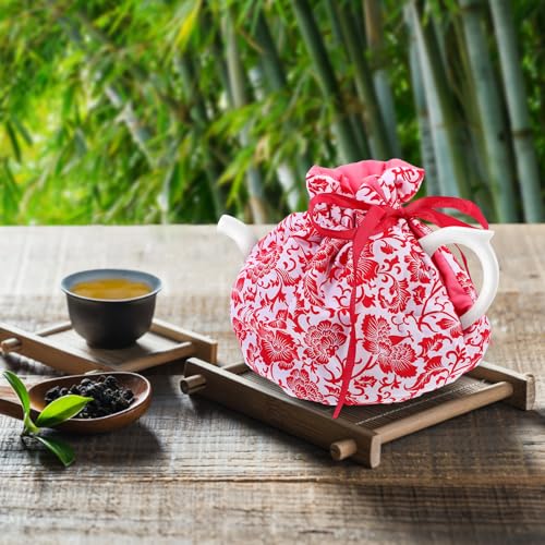 LOGOFUN Teapot Insulation Cover Teapot Protective Cover Tea Pot Cozy Tea Warmer with Bowknot Ribbon for Home Kitchen Accessories - Red
