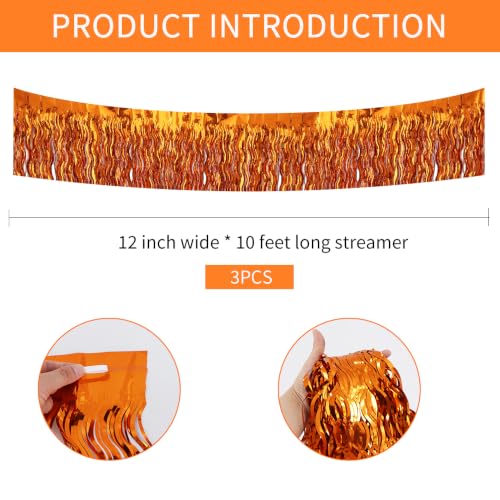 Image of BEISHIDA 3 Pack Orange Wavy Foil Fringe Garland 30ft Tinsel Wall Decor